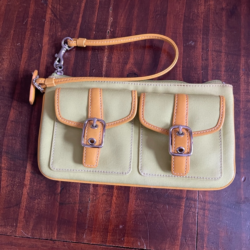 Coach Green Tan Zip Genuine Leather Wallet Wristlet Mini Purse with Coach Tag